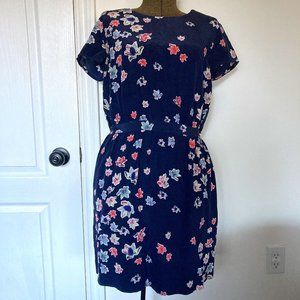 Open / Split Back Navy Blue and Floral Midi Length Silk Tee Sundress, Size 8